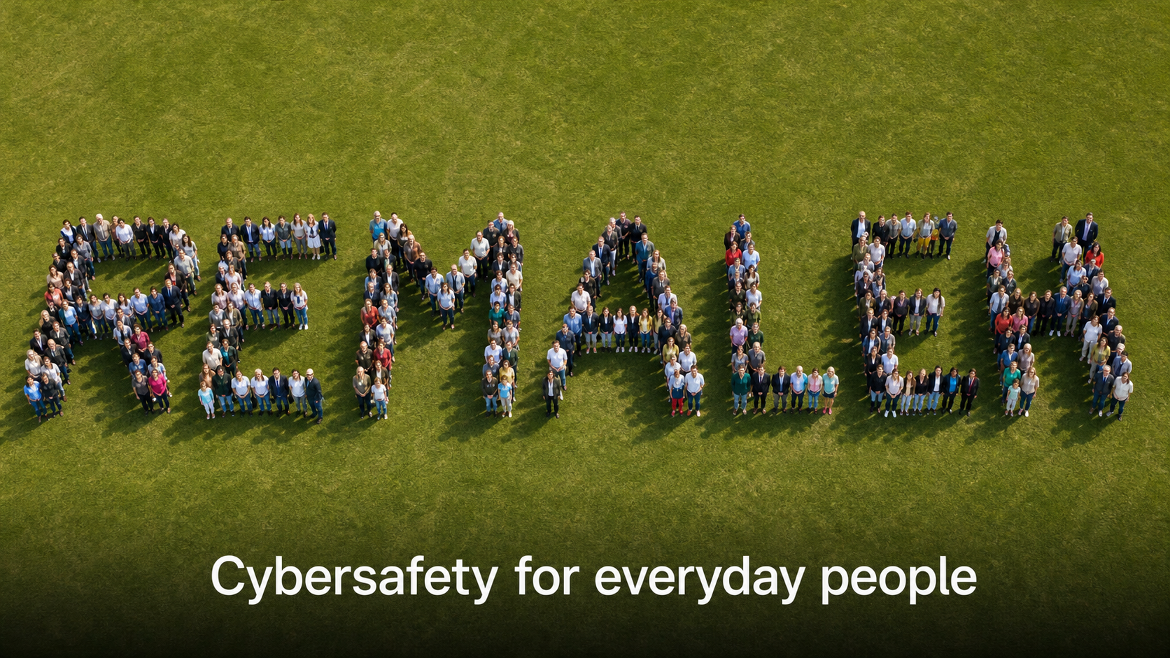 Aerial photo of people standing on grass to form the word Remaleh with the message Cybersafety for everyday people.