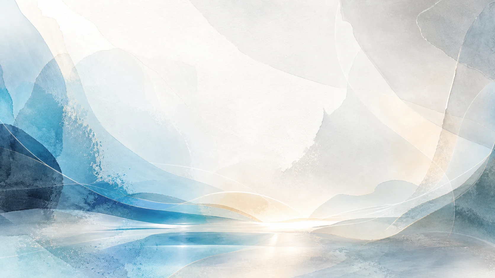 Abstract watercolor horizon with soft blue layers and a calm protective glow.