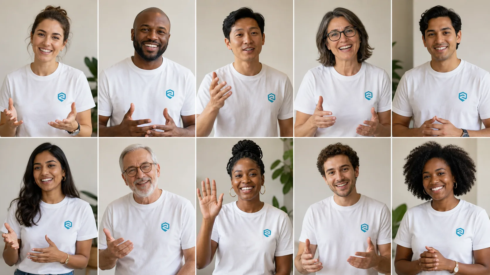 A diverse Remaleh team wearing branded shirts and using welcoming hand gestures.