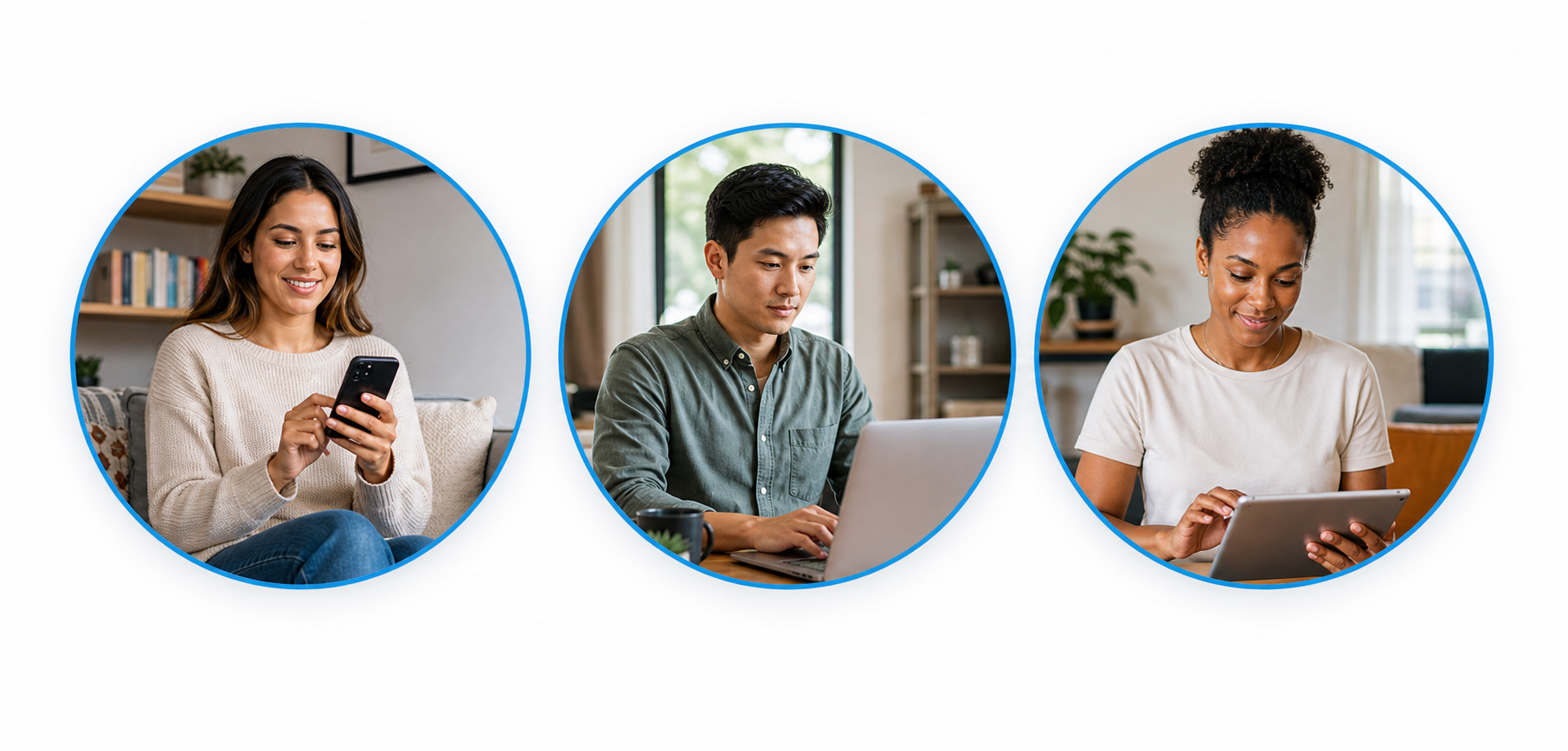 Three people using a phone, laptop, and tablet for Cyber Safety support.