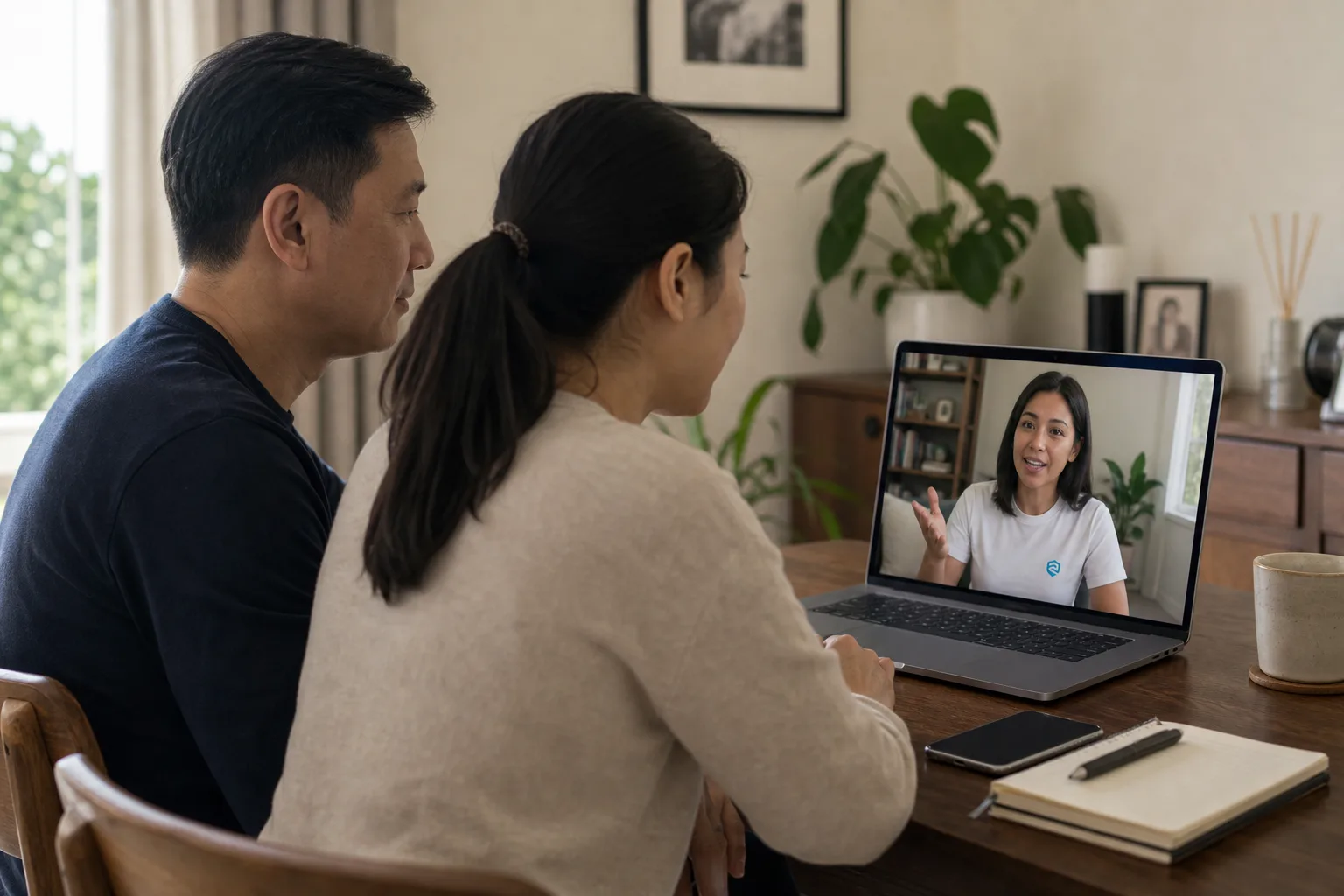 A Remaleh trainer giving Cyber Safety guidance to a couple over a video call.
