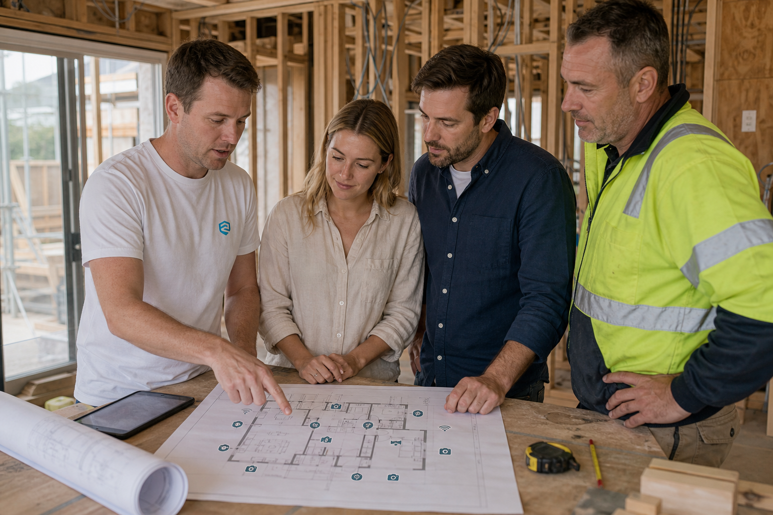 Homeowners reviewing a floor plan and smart home network design with a Remaleh advisor and building contractor.