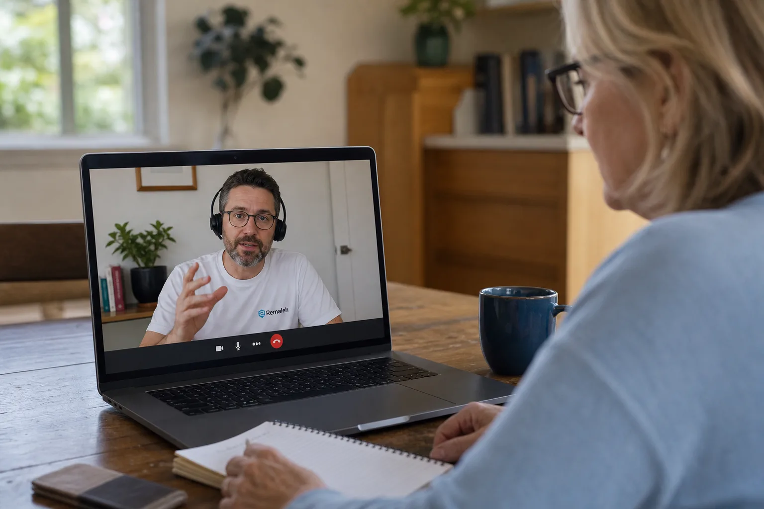 A Remaleh trainer giving personal Cyber Safety guidance over a video call.