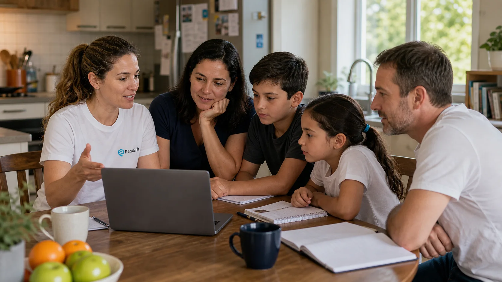 A Remaleh trainer helping a family review Cyber Safety guidance on a laptop.
