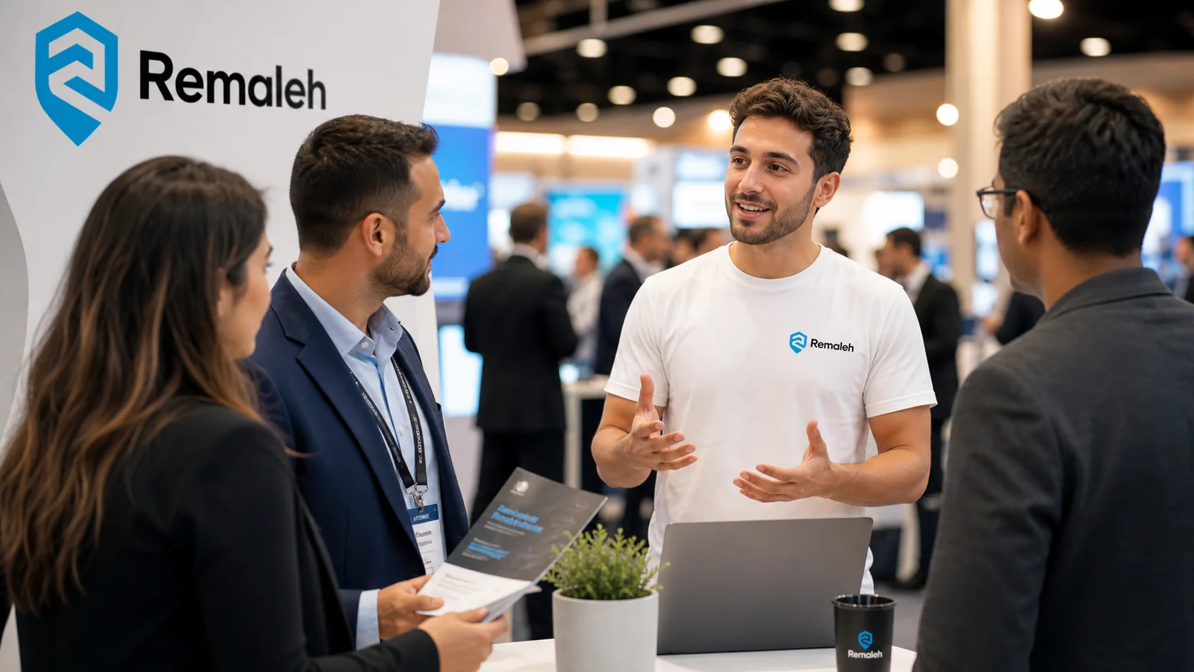 A Remaleh representative speaking with attendees at a conference booth.