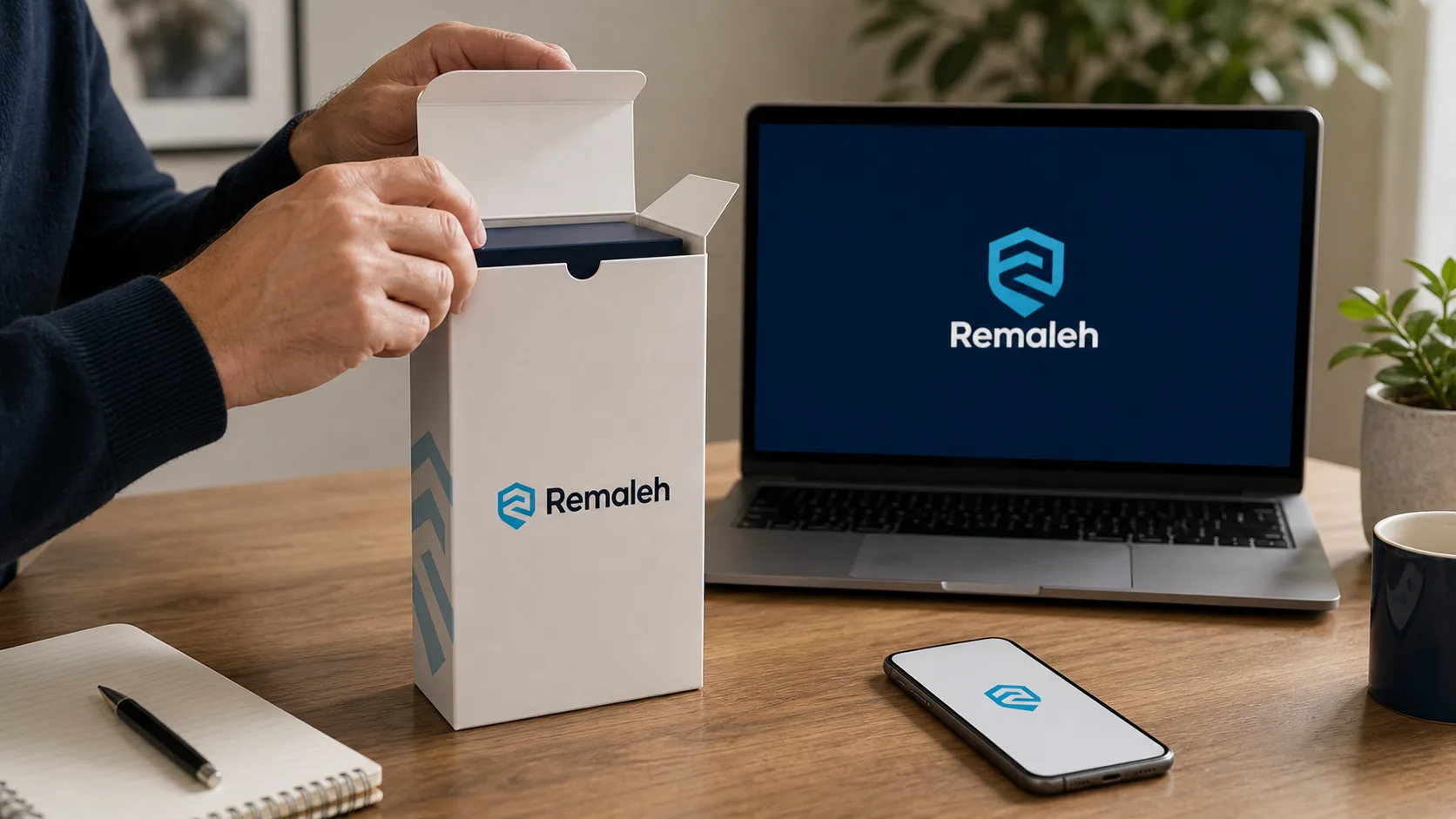 A Remaleh product box being opened beside a phone and laptop showing Remaleh screens.