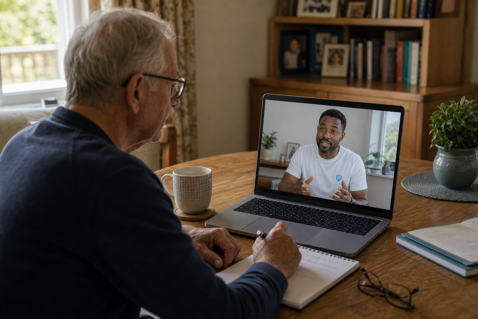 A retiree taking notes during a Remaleh Cyber Safety guidance video call.